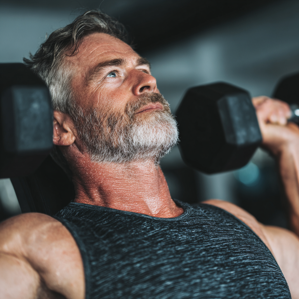 Middle-aged fitness enthusiast during strength training session